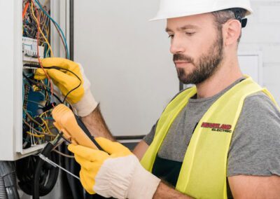 Heartland electrician looking at measuring device